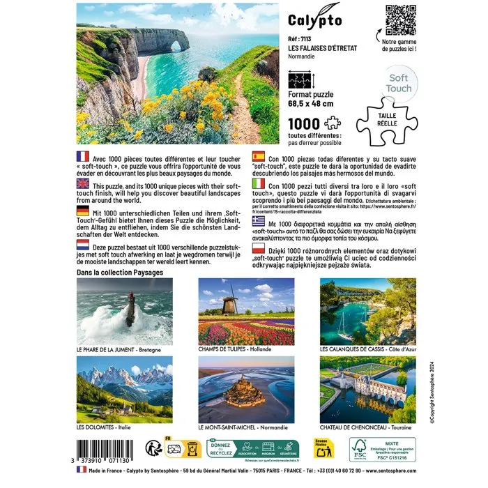 Sentosphere Calypto - Puzzle 1000 pièces - Les Falaises d'Etretat en Normandie - Impression qualité supérieure - Toucher soyeux - Fabrication française