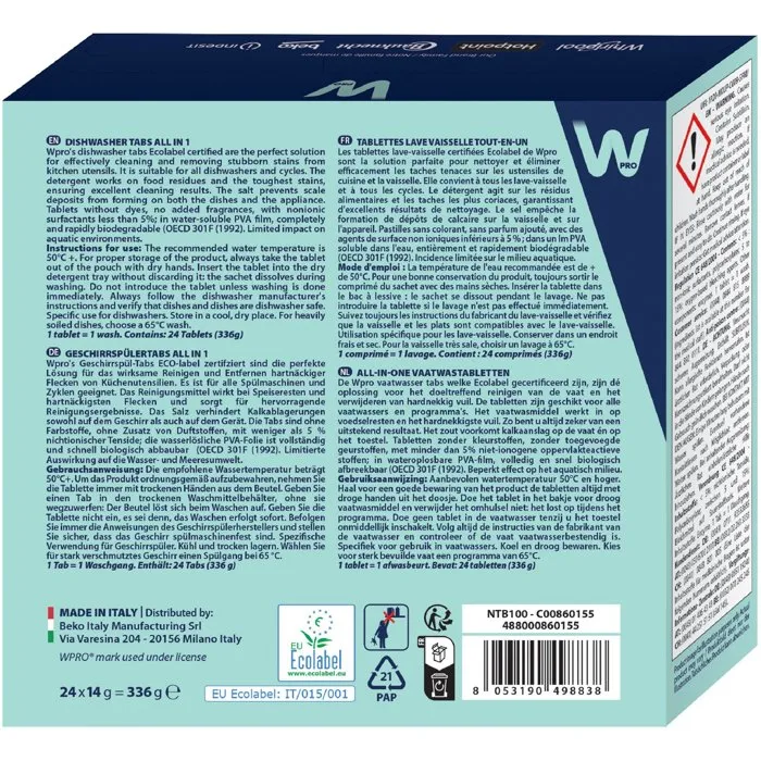 Wpro Tablettes lave-vaisselle NTB100 Ecolabel 24 doses