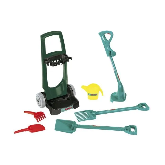 Chariot de jardinage Bosch pour enfant, 5 accessoires inclus (pelle, râteau, arrosoir, coupe-bordure, outils à main), dimensions 33.5 x 18 x 56.5 cm, 3 ans et plus Chariot de jardinage Bosch pour enfant, 5 accessoires inclus (pelle, râteau, arrosoir, coupe-bordure, outils à main), dimensions 33.5 x 18 x 56.5 cm, 3 ans et plus