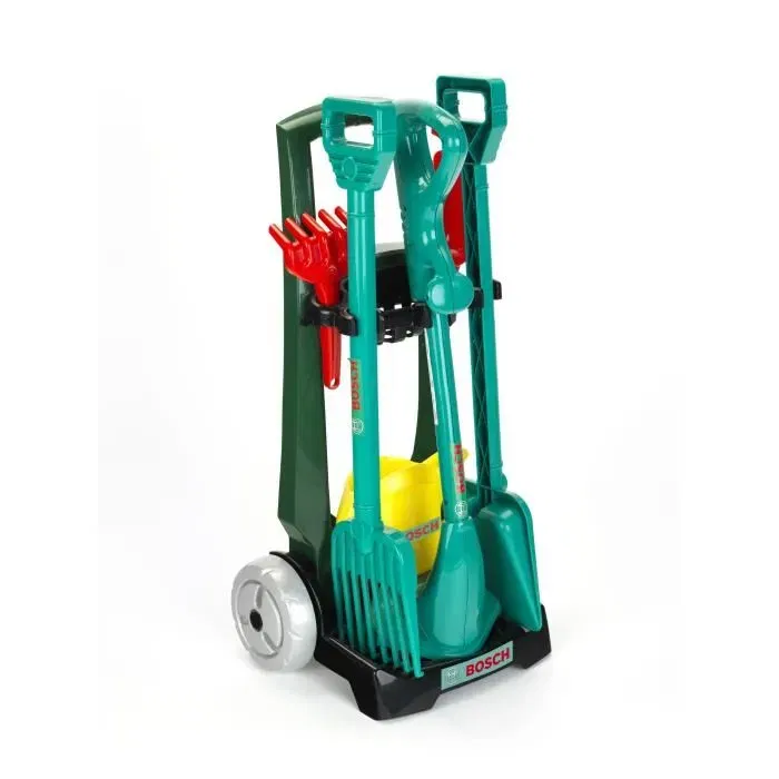 Chariot de jardinage Bosch pour enfant, 5 accessoires inclus (pelle, râteau, arrosoir, coupe-bordure, outils à main), dimensions 33.5 x 18 x 56.5 cm, 3 ans et plus Chariot de jardinage Bosch pour enfant, 5 accessoires inclus (pelle, râteau, arrosoir, coupe-bordure, outils à main), dimensions 33.5 x 18 x 56.5 cm, 3 ans et plus