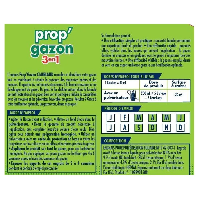 Clairland Engrais Liquide pour Gazon Prop'Gazon - Concentré 3 en 1 (Stimulation Croissance, Reverdissement, Renforcement) - 2,5 L