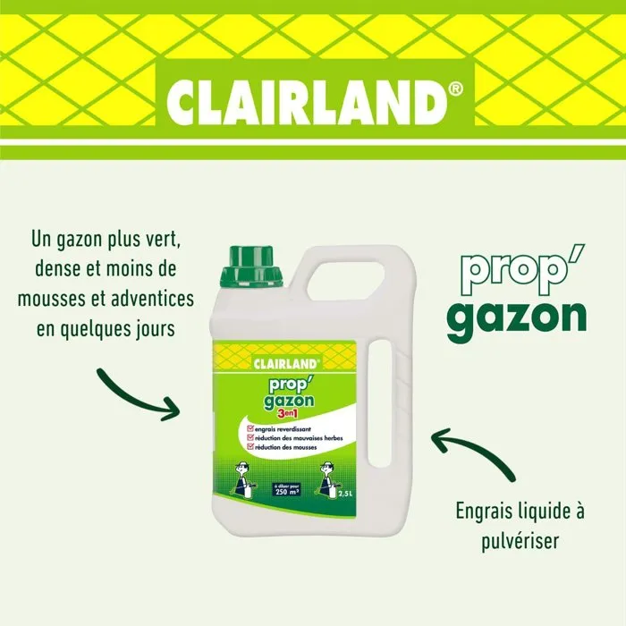 Clairland Engrais Liquide pour Gazon Prop'Gazon - Concentré 3 en 1 (Stimulation Croissance, Reverdissement, Renforcement) - 2,5 L
