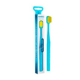 Nordics Oral Care Cepillo Dental Super Soft Silk 12.000 Azul/Amarillo - Brosse à dents ultra souple avec 12 000 filaments, en nylon et manche en PLA biodégradable, bleue/jaune
