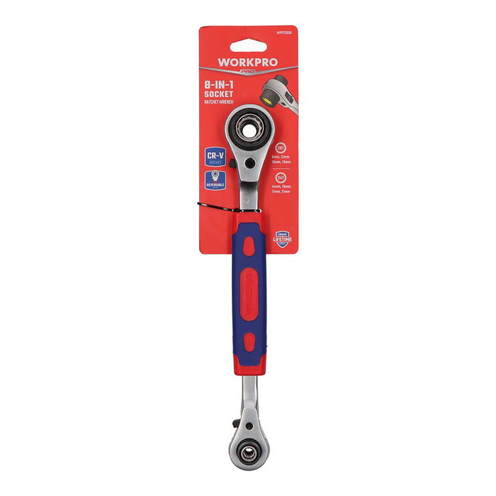 Workpro Clé à cliquet douille multiple 8 en 1, 8-10-12-13-14-17-19-21 mm, acier chrome vanadium, réversible, rouge et bleu