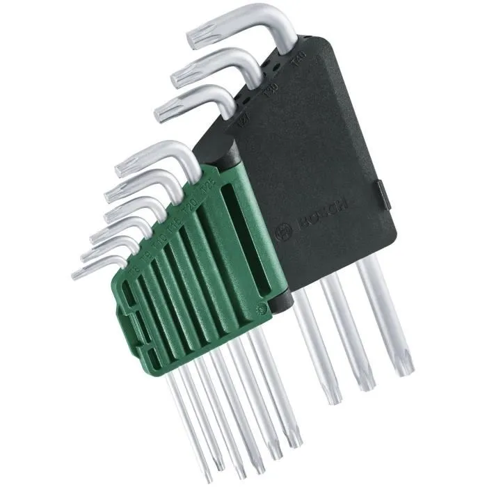 Bosch Set de 9 clés Torx TX8-TX40 en acier S2, avec surface antirouille et barrette de rangement