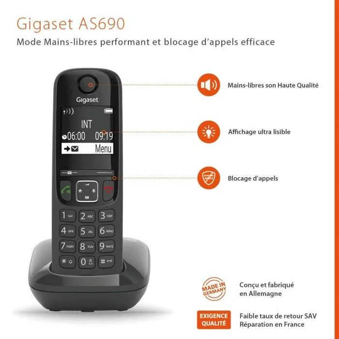 Gigaset AS690 - Téléphone fixe Trio Noir, mains libres HSP, blocage d'appels efficace, répertoire 100 contacts, autonomie 14h Gigaset AS690 - Téléphone fixe Trio Noir, mains libres HSP, blocage d'appels efficace, répertoire 100 contacts, autonomie 14h