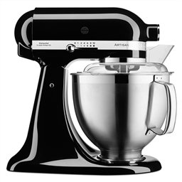Kitchenaid 5KSM185 Robot de cuisine Artisan - 4,8 L noir avec couvercle, bol inox, fouet plat, fouet à œufs et crochet à pétrir