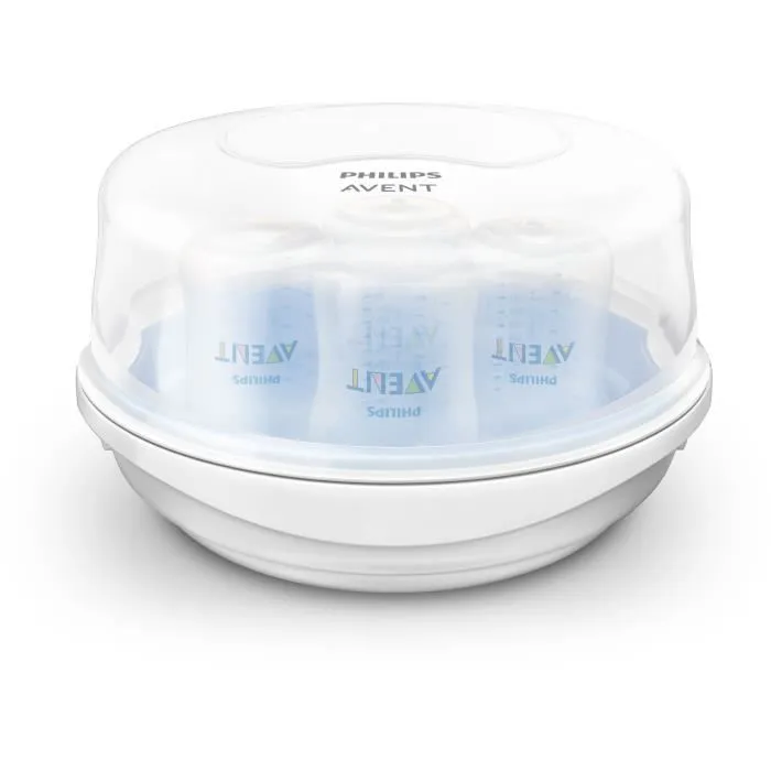 Philips Avent - Stérilisateur à vapeur pour micro-ondes, stérilise en 2 min (élimine 99,9% des bactéries), design compact bleu et blanc, pour 4 biberons Philips Avent - Stérilisateur à vapeur pour micro-ondes, stérilise en 2 min (élimine 99,9% des bactéries), design compact bleu et blanc, pour 4 biberons