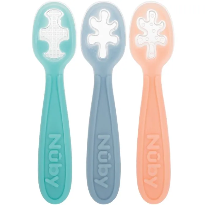 Nuby Lot de 3 premières cuillères bébé en silicone - Rose / Bleu / Vert - Dès 6 mois