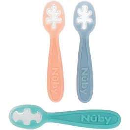 Nuby Lot de 3 premières cuillères bébé en silicone - Rose / Bleu / Vert - Dès 6 mois