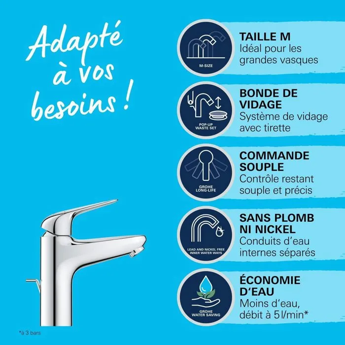 Grohe 24325001 - Mitigeur monocommande lavabo GROHE Swift chromé taille M - Économie d'eau - Bec moyen - Ensemble de vidage