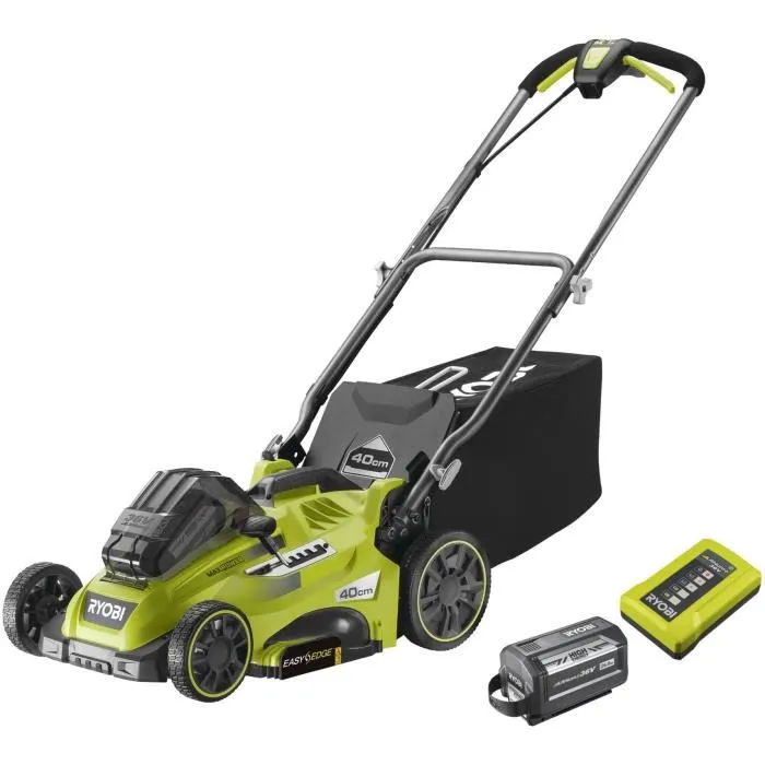 Ryobi Tondeuse à gazon électrique sans fil 36V RLM36X41H60PG avec batterie lithium 6.0 Ah et chargeur, Ø de coupe 40 cm, fonction mulching et ramassage Ryobi Tondeuse à gazon électrique sans fil 36V RLM36X41H60PG avec batterie lithium 6.0 Ah et chargeur, Ø de coupe 40 cm, fonction mulching et ramassage