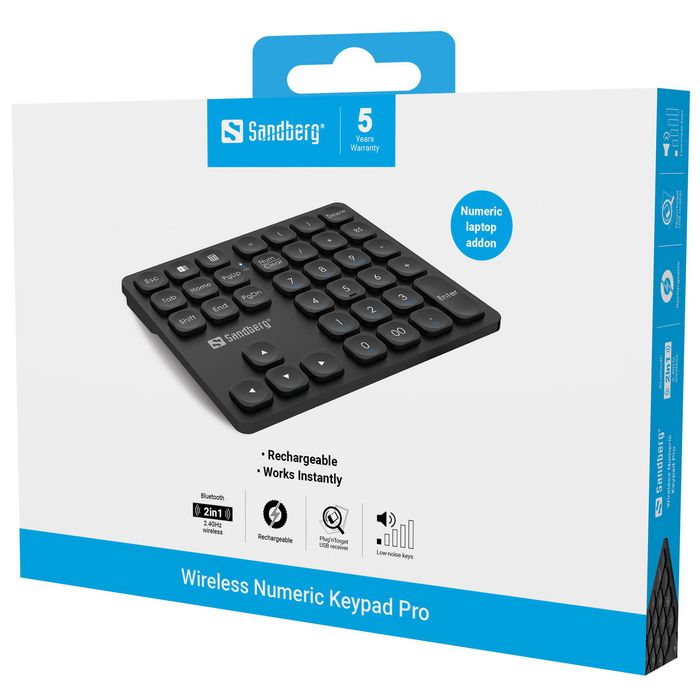 Sandberg Wireless Numeric Keypad Pro - Pavé numérique sans fil rechargeable avec raccourcis pour ordinateur portable Sandberg Wireless Numeric Keypad Pro - Pavé numérique sans fil rechargeable avec raccourcis pour ordinateur portable