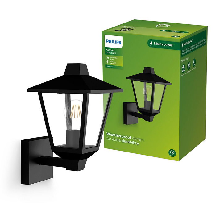 Philips Kinno Aplique extérieur E27 25W noir IP44 sans ampoule, lumière vers le haut