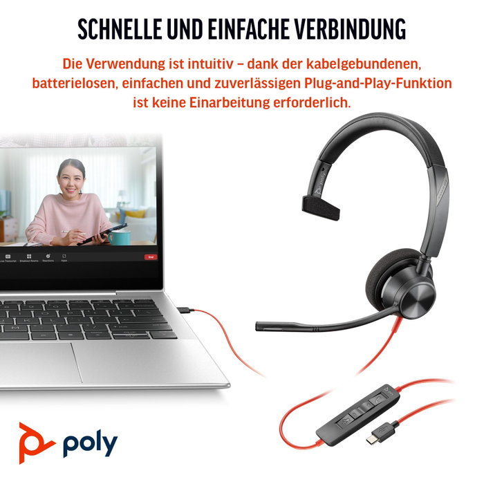 Poly Blackwire 3310 MS Casque Monoauriculaire USB-C avec Adaptateur USB-C/A Noir