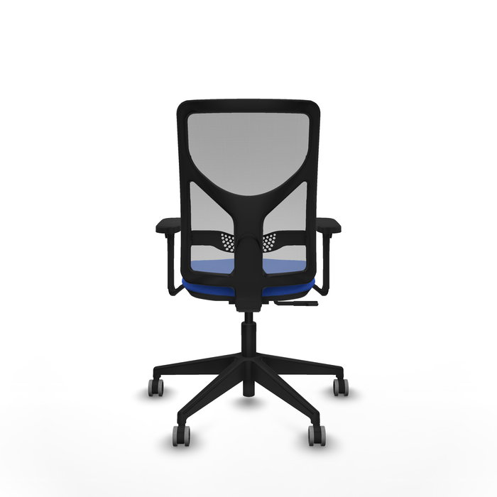 Chaise Motilla Synchro 3 positions tissu Bleu Maille Gris Base pyramidale noire Accoudoir 3D Sans appui-tête Roulettes 65mm pour moquette