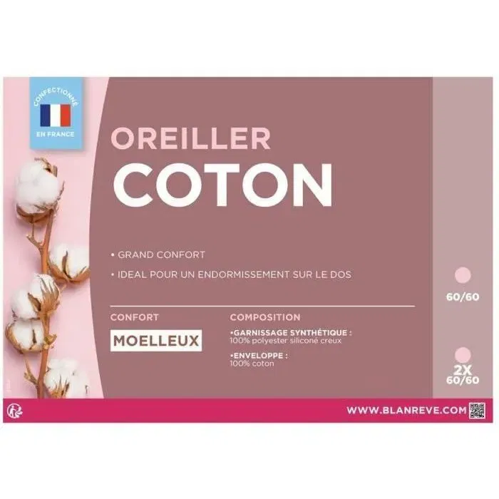 Blanreve Oreiller Blanc Lot de 2 - Coton 60 x 60 cm, Garnissage Polyester 550 g - Confort Moelleux Blanreve Oreiller Blanc Lot de 2 - Coton 60 x 60 cm, Garnissage Polyester 550 g - Confort Moelleux