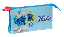 Safta Portatodo Triple Los Pitufos - Organisateur à 3 compartiments avec Smurfs pour enfants, 22 x 12 x 3 cm, à partir de 3 ans