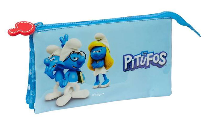 Safta Portatodo Triple Los Pitufos - Organisateur à 3 compartiments avec Smurfs pour enfants, 22 x 12 x 3 cm, à partir de 3 ans