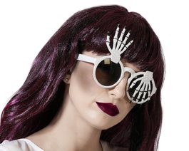 Lunettes blanches avec mains de squelette pour déguisement de squelette ou de mort