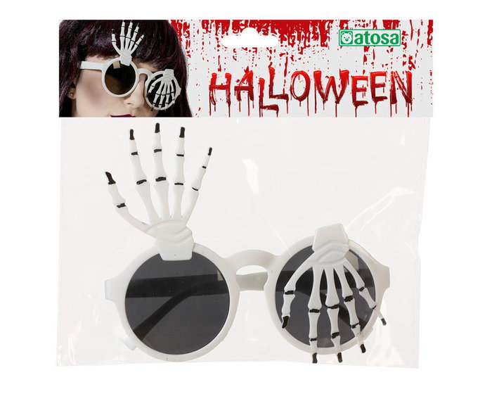 Lunettes blanches avec mains de squelette pour déguisement de squelette ou de mort