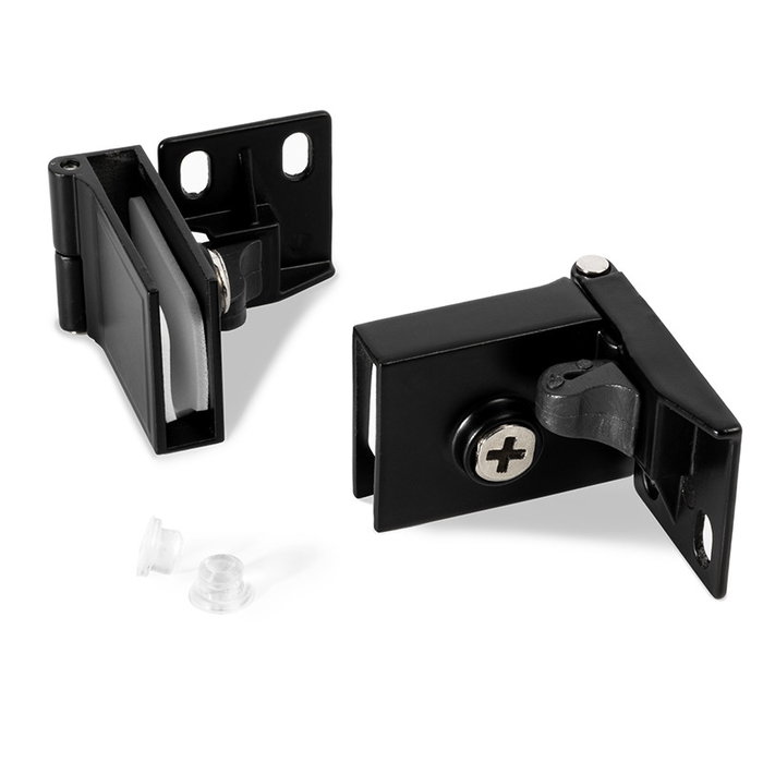 HERRAJES ALK Bisagra Paire de gonds de porte intérieure en verre sans perçage, finition noir, ouverture 170°, verre max. 5 mm, en zamak HERRAJES ALK Bisagra Paire de gonds de porte intérieure en verre sans perçage, finition noir, ouverture 170°, verre max. 5 mm, en zamak