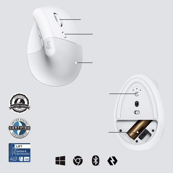 Logitech Lift For Business Souris Verticale Sans Fil 4000 DPI Bluetooth USB Ergonomique Blanc