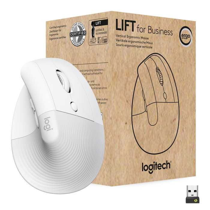 Logitech Lift For Business Souris Verticale Sans Fil 4000 DPI Bluetooth USB Ergonomique Blanc