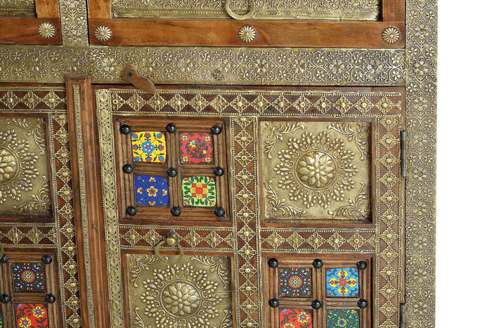 Giner y Colomer Commode en Bois d'Acacia Massif Style Éthnique avec Applications Céramique et Bronze, Coloris Cerisier, 90x105x40 cm