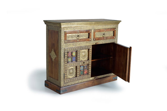 Giner y Colomer Commode en Bois d'Acacia Massif Style Éthnique avec Applications Céramique et Bronze, Coloris Cerisier, 90x105x40 cm Giner y Colomer Commode en Bois d'Acacia Massif Style Éthnique avec Applications Céramique et Bronze, Coloris Cerisier, 90x105x40 cm