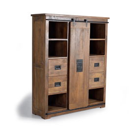 GINER Y COLOMER Armario de Estilo Industrial - Buffet industriel en bois de manguier avec 4 tiroirs, porte coulissante et détails métalliques, finition naturelle 170 x 140 x 45 cm