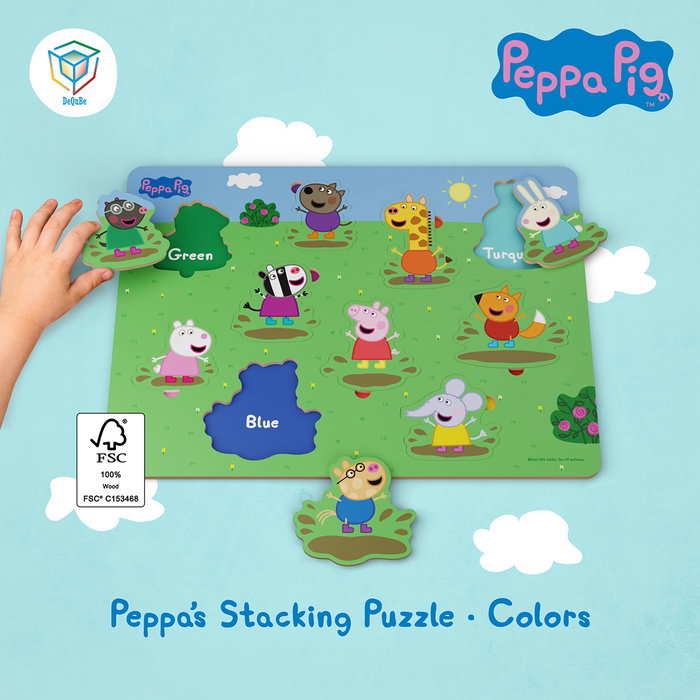 Peppa Pig - Puzzle en bois 10 pièces pour apprendre les couleurs - Développement motricité fine - Dès 24 mois - DEQUBE