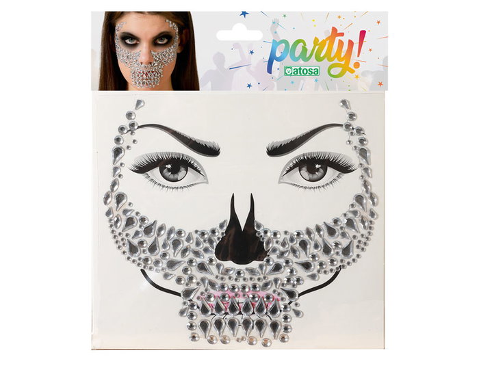 Atosa Joyaux faciaux adhésifs de crâne avec strass argentés pour le Jour des Morts Atosa Joyaux faciaux adhésifs de crâne avec strass argentés pour le Jour des Morts