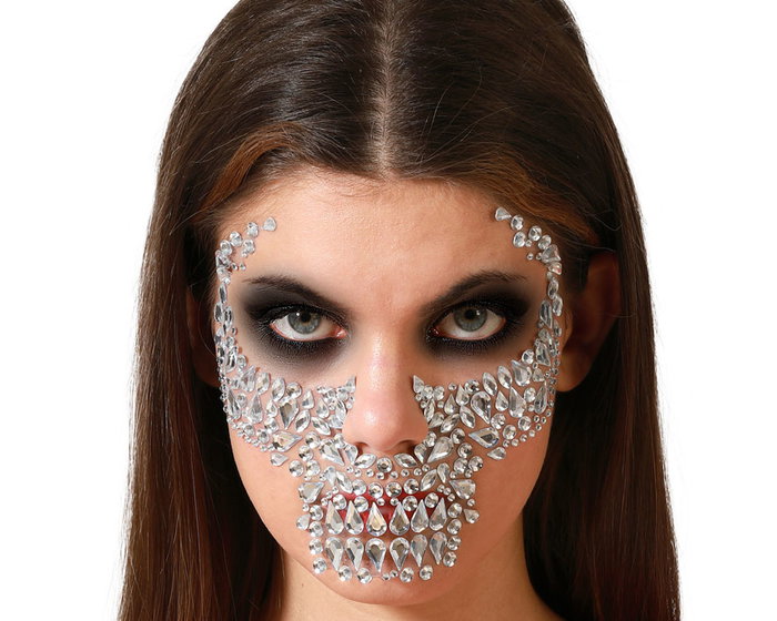 Atosa Joyaux faciaux adhésifs de crâne avec strass argentés pour le Jour des Morts Atosa Joyaux faciaux adhésifs de crâne avec strass argentés pour le Jour des Morts