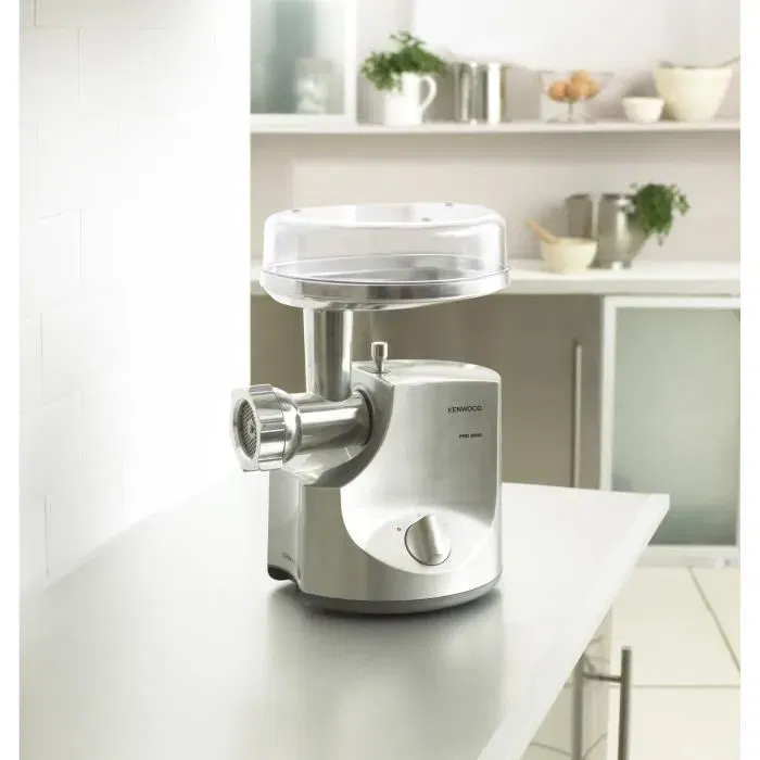 Kenwood MG700 Hachoir à Viande Électrique 2000W 3 kg/min - 3 Grilles, 2 Adaptateurs Saucisses, 1 Adaptateur Kebbés - Aluminium Brossé