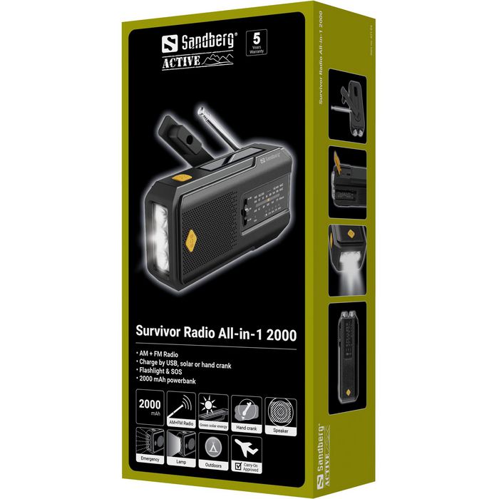 Sandberg Survivor Radio All-in-1 2000 - Radio AM/FM portable avec panneau solaire, power bank 2000 mAh, lampe de poche et manivelle