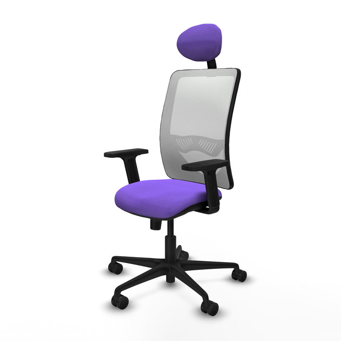 Chaise Zulema Synchro 3 positions tissu Violet Maille Blanc Base en nylon noir Accoudoir 2D Appui-tête Roulettes 65mm nylon