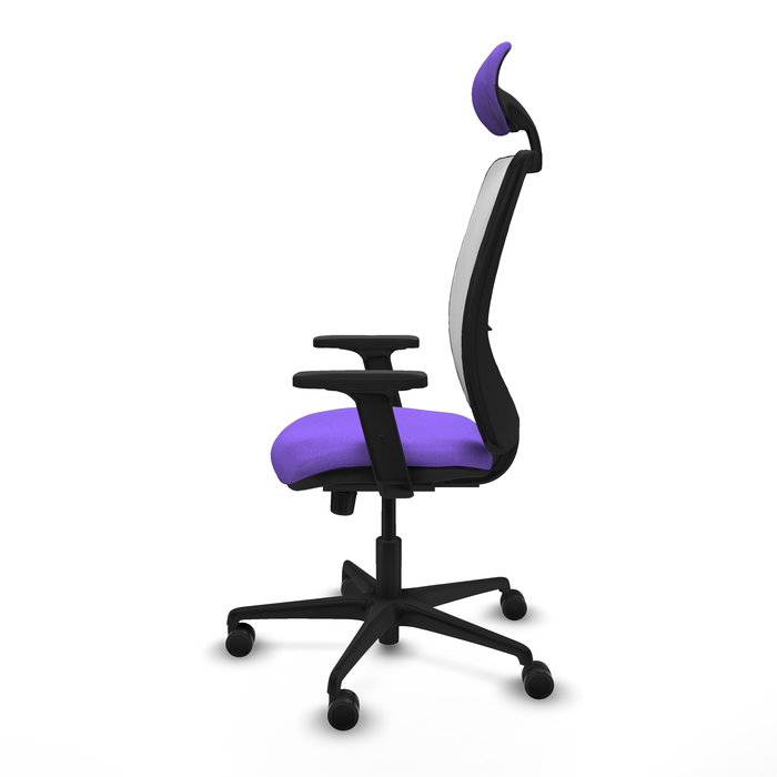 Chaise Zulema Synchro 3 positions tissu Violet Maille Blanc Base en nylon noir Accoudoir 2D Appui-tête Roulettes 65mm nylon