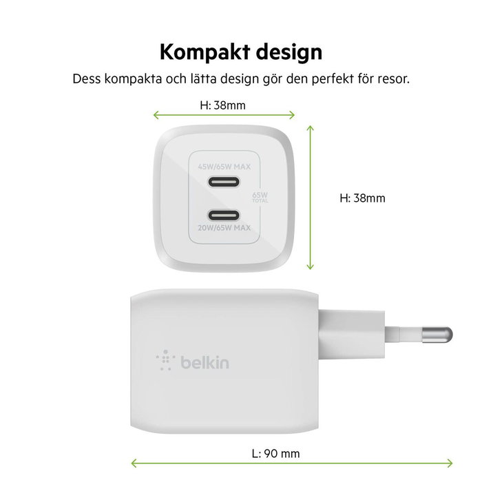 Chargeur mural Belkin WCH013VF2MWH-B6 Blanc 65 W