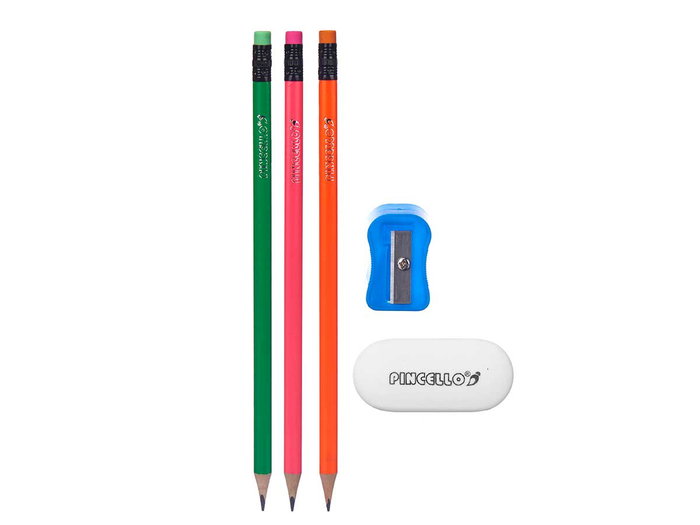 Pincello Lot de 3 crayons fluo avec gomme et taille-crayon en bois, plastique et métal 24,5x8x1,2 cm (Set de 48)