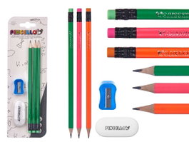 PINCELLO Set de 3 Crayons Fluorescents avec Gomme et Taille-crayon