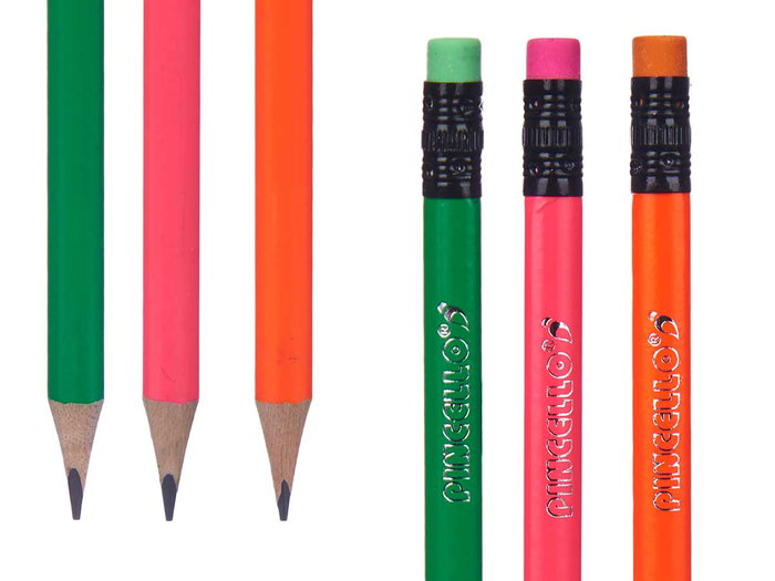 Pincello Lot de 3 crayons fluo avec gomme et taille-crayon en bois, plastique et métal 24,5x8x1,2 cm (Set de 48)