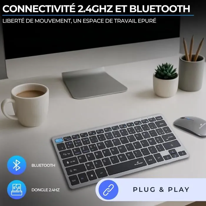 Bluestork Pack Mini - Ensemble Clavier et Souris sans Fil AZERTY Ultra Fin et Léger - Bluetooth et USB 2,4 GHz - Pour Télétravail, Nomade, PC, Mac, Tablette et Smartphone