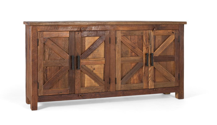 GINER Y COLOMER Buffet rustique en bois recyclé, 4 portes, fait main, couleur noyer, dimensions détaillées