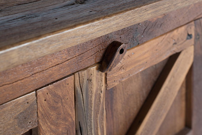 GINER Y COLOMER Buffet rustique en bois recyclé, 4 portes, fait main, couleur noyer, dimensions détaillées