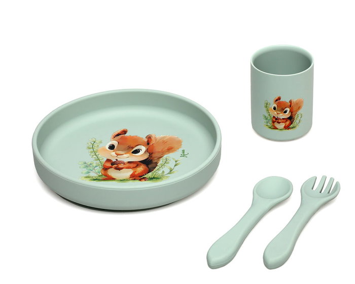KioKids - Set de Vaiselle en Silicone pour Bébé avec Ventouse, Assiette, Verre, Cuillère et Fourchette - Vert, Little Sauvages, BLW, +6 mois