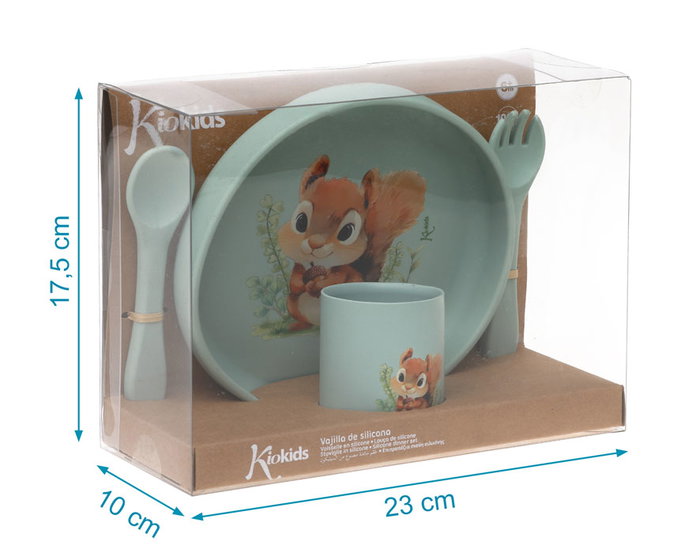 KioKids - Set de Vaiselle en Silicone pour Bébé avec Ventouse, Assiette, Verre, Cuillère et Fourchette - Vert, Little Sauvages, BLW, +6 mois