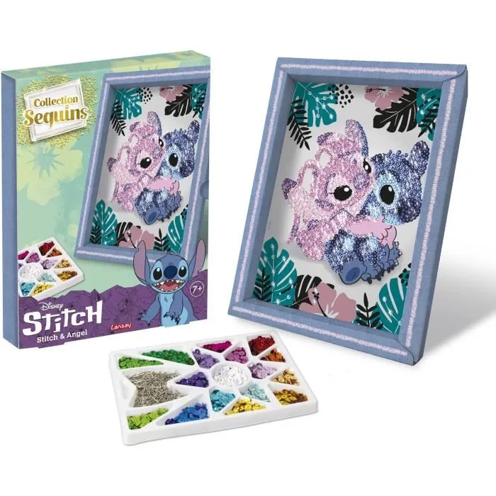 Lansay - Kit de Création Séquence Stitch & Angel - Jeu Art Déco pour Enfants Dès 7 Ans - Collection Sequins - Inclut Plaque, Sequins et Épingles