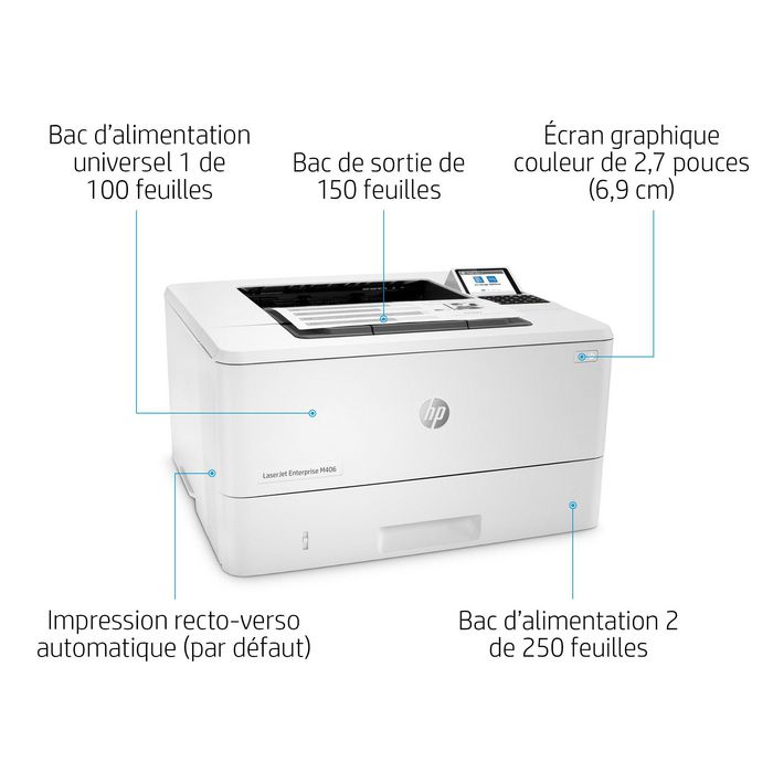 HP LaserJet Enterprise M406dn - Imprimante laser monochrome, 40 ppm, recto verso, USB, sécurisée, format A4, 1024 Mo, écran LCD, résolution 1200 x 1200 dpi
