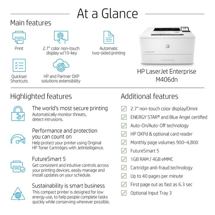 HP LaserJet Enterprise M406dn - Imprimante laser monochrome, 40 ppm, recto verso, USB, sécurisée, format A4, 1024 Mo, écran LCD, résolution 1200 x 1200 dpi